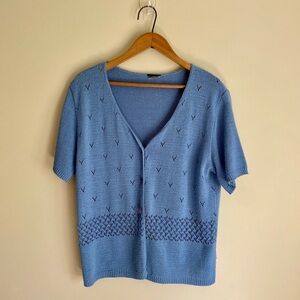 Vintage Blue Short Sleeve Knit V Neck Sweater Cardigan